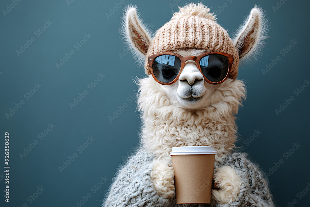 A llama wearing a hat and sunglasses enjoying a cup of coffee, creating a humorous and quirky atmosphere. A llama wearing a hat and sunglasses enjoying a cup of coffee, creating a humorous and quirky atmosphere.