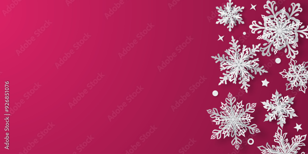 Christmas illustration with beautiful white complex snowflakes with soft shadows on red background Christmas illustration with beautiful white complex snowflakes with soft shadows on red background