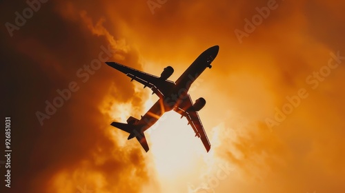 Passenger aircraft soars through the sky against a stunning golden hour sunset