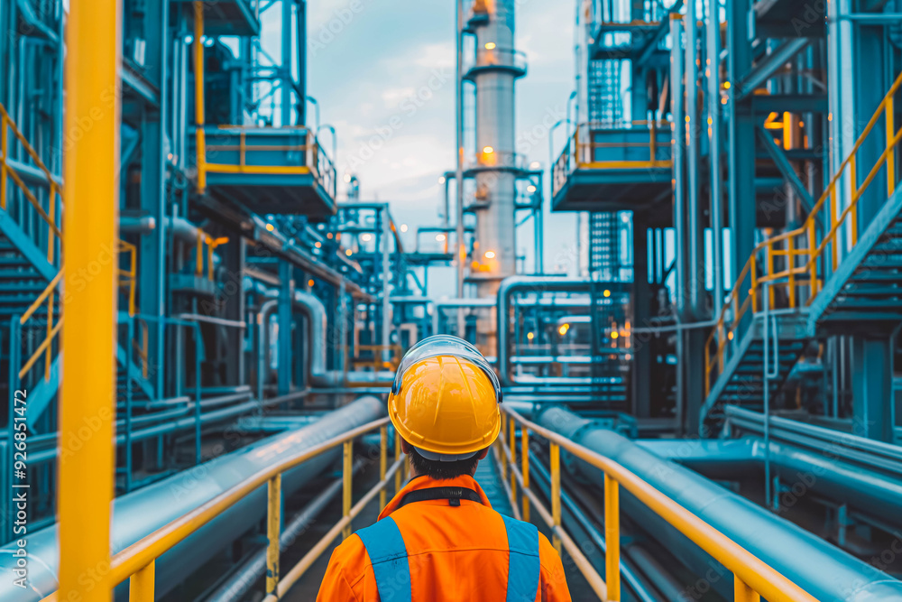Back view of engineer wearing safety clothes and hardhat at Pipeline and pipe rack of petroleum, chemical, hydrogen industrial plant. Industrial zone ... Back view of engineer wearing safety clothes and hardhat at Pipeline and pipe rack of petroleum, chemical, hydrogen industrial plant. Industrial zone ...