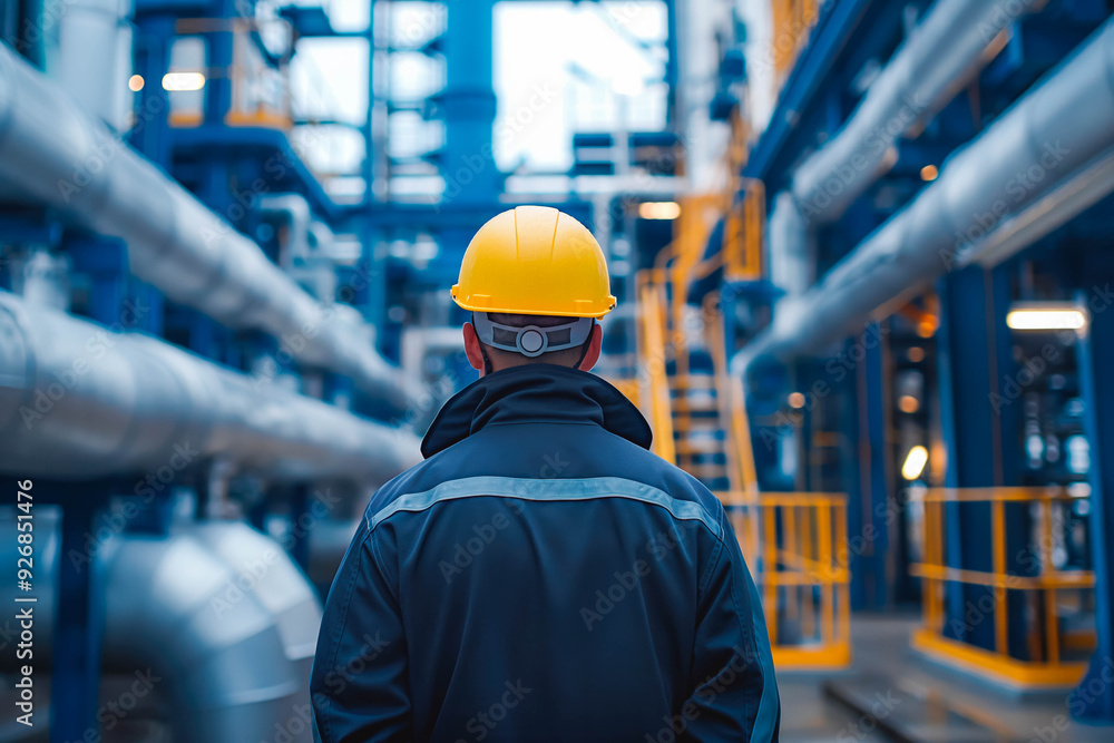 Back view of engineer wearing safety clothes and hardhat at Pipeline and pipe rack of petroleum, chemical, hydrogen industrial plant. Industrial zone ... Back view of engineer wearing safety clothes and hardhat at Pipeline and pipe rack of petroleum, chemical, hydrogen industrial plant. Industrial zone ...