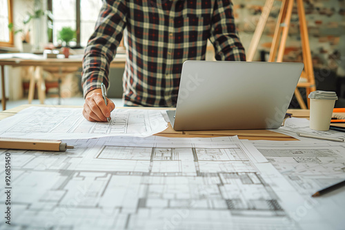 Architecture engineer working with blueprints and laptop in office. Inspection in workplace for architectural plan.