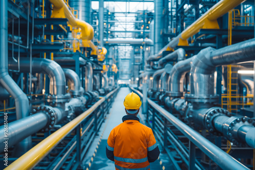 Back view of engineer wearing safety clothes and hardhat at Pipeline and pipe rack of petroleum, chemical, hydrogen industrial plant. Industrial zone ...