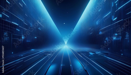 Abstract digital corridor with glowing blue lines and a dark background