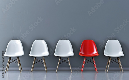 Red Chair Standing Out Among White Chairs Against Gray Background