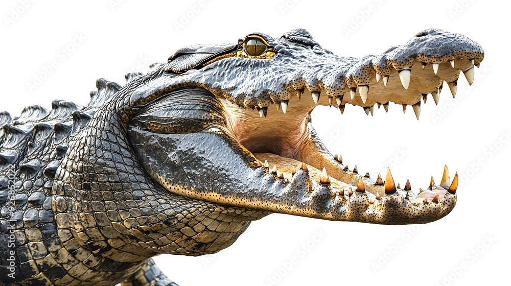 Massive american crocodile with its jaw wide open, sharp teeth visible. Exuding danger and aggression, highlighting its strength and scales on a white background Massive american crocodile with its jaw wide open, sharp teeth visible. Exuding danger and aggression, highlighting its strength and scales on a white background
