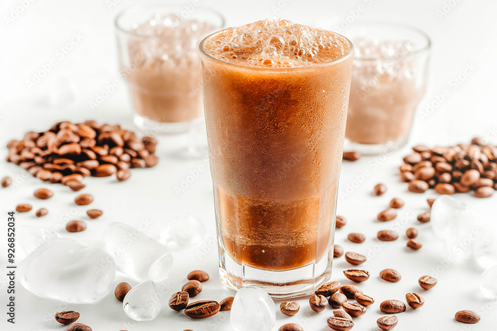 Coffee slush in tall glass with beans and crushed ice around it on white table with isolated background. Front view. Horizontal composition. Coffee slush in tall glass with beans and crushed ice around it on white table with isolated background. Front view. Horizontal composition.