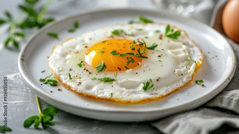 A perfectly cooked sunny-side-up egg on a white plate, garnished with fresh herbs. A perfectly cooked sunny-side-up egg on a white plate, garnished with fresh herbs.