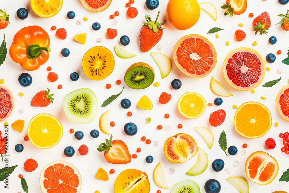 Colorful pattern of various fresh whole and sliced ripe fruits and berries