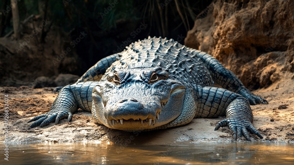 Obraz premium Large Crocodile Crocodylidae also true crocodiles is a large semiaquatic reptiles lying on a river bank in Africa