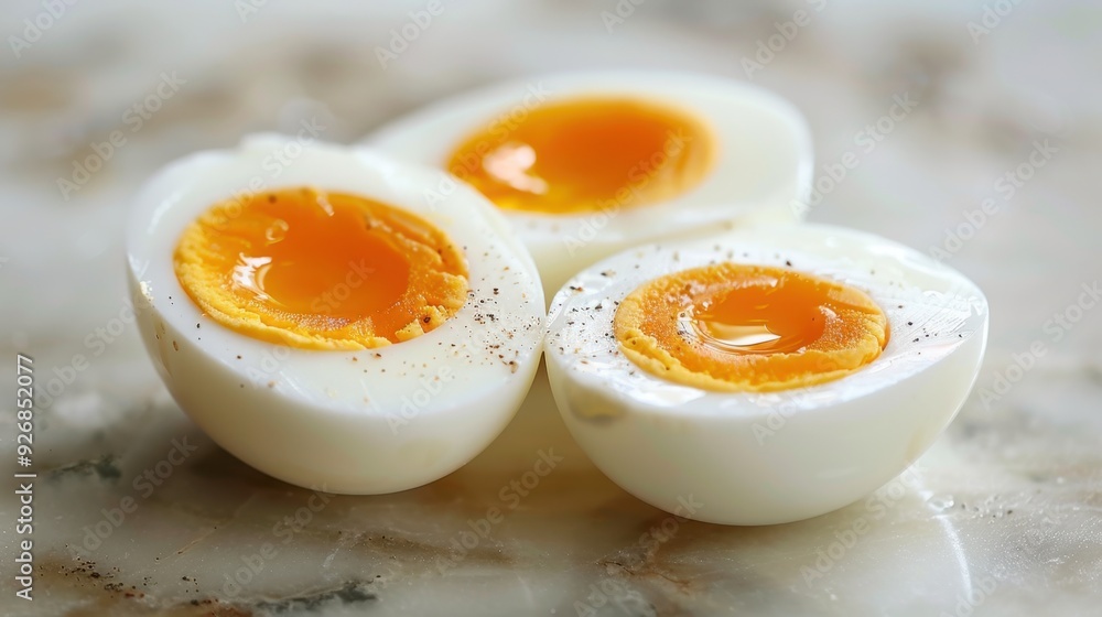 A perfectly round boiled egg sliced in half, showing the creamy yolk inside. A perfectly round boiled egg sliced in half, showing the creamy yolk inside.