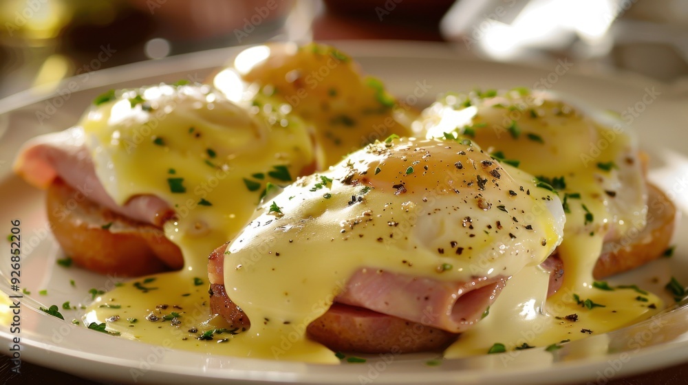 A plate of Eggs Benedict with ham and hollandaise sauce, served on a white plate. A plate of Eggs Benedict with ham and hollandaise sauce, served on a white plate.