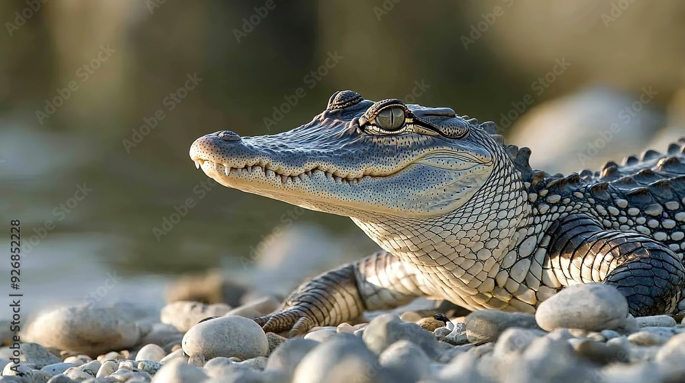 Fototapeta premium A close-up of a young crocodile basking in the sun on a pebbled shoreline