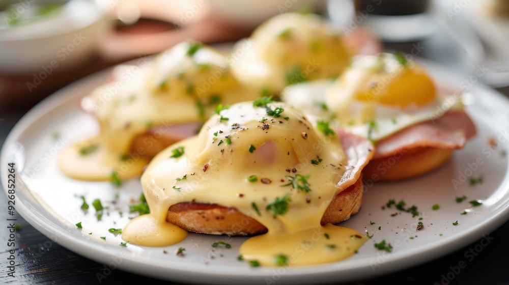 A plate of Eggs Benedict with ham and hollandaise sauce, served on a white plate. A plate of Eggs Benedict with ham and hollandaise sauce, served on a white plate.