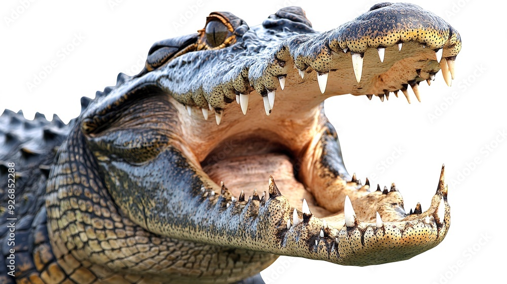 Fototapeta premium American crocodile with a wide open mouth and sharp teeth, against a white background