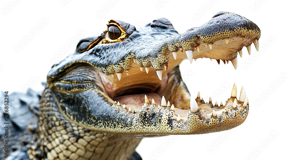 Fototapeta premium American crocodile with a wide open mouth and sharp teeth, against a white background