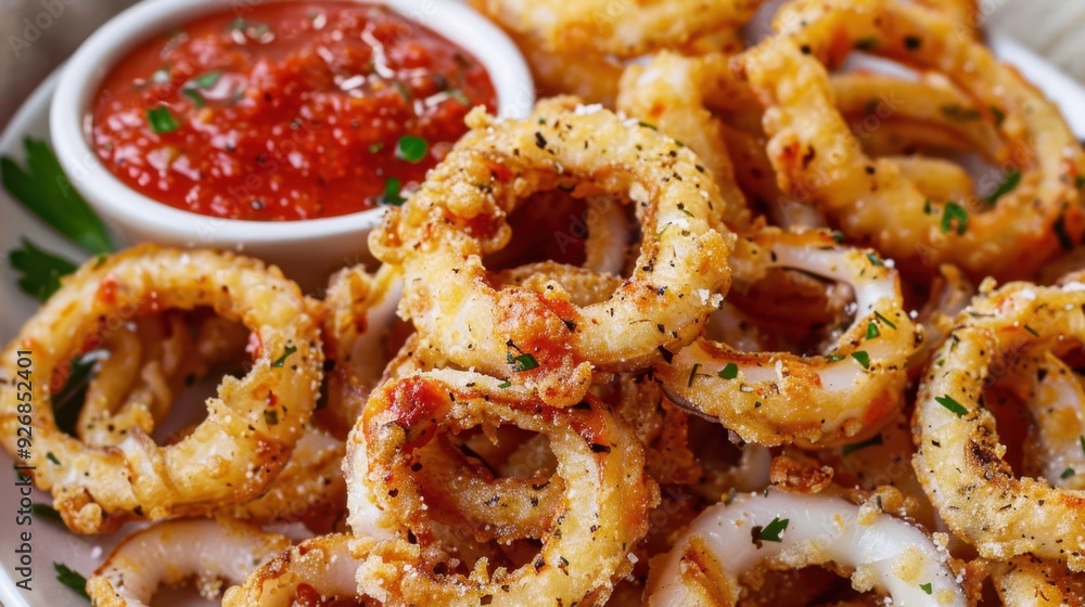 A plate of fried calamari rings, served with a side of marinara sauce. A plate of fried calamari rings, served with a side of marinara sauce.