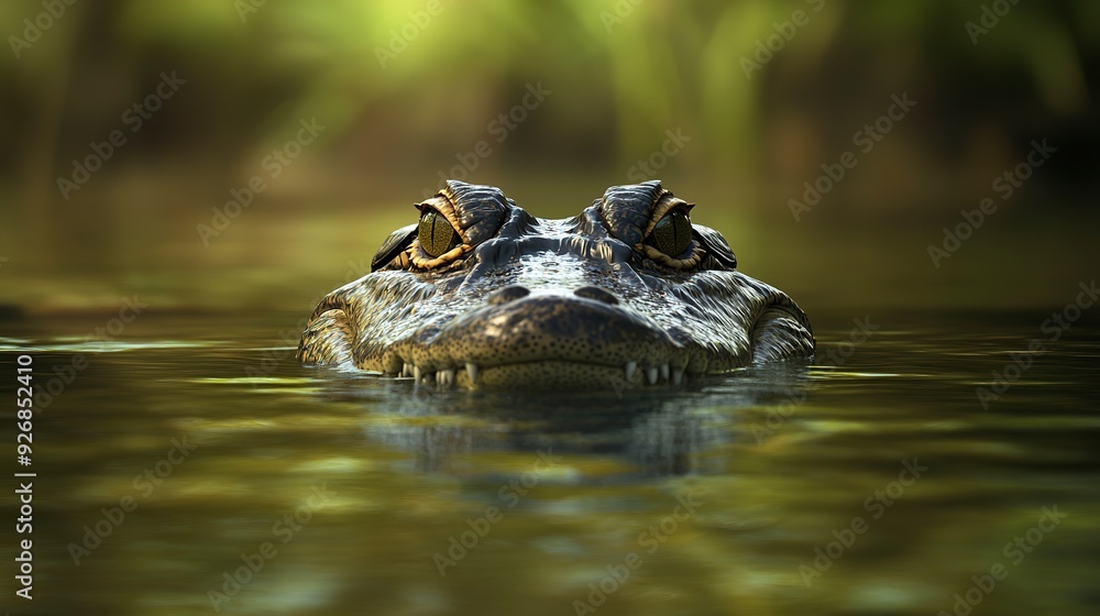 In the wetlands, an alligator glides silently through the water, its eyes and snout barely visible above the surface. In the wetlands, an alligator glides silently through the water, its eyes and snout barely visible above the surface.