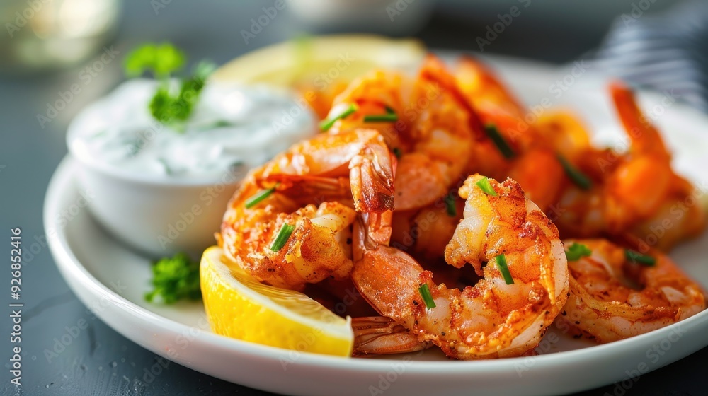 A plate of fried shrimp, served with a side of tartar sauce and lemon wedges. A plate of fried shrimp, served with a side of tartar sauce and lemon wedges.
