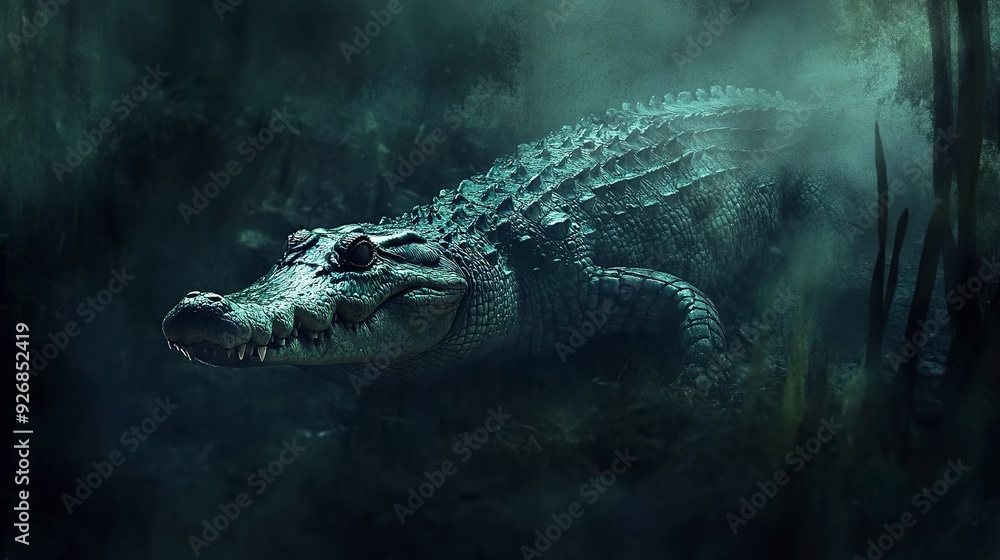 A crocodile glides silently through the murky waters. A crocodile glides silently through the murky waters.
