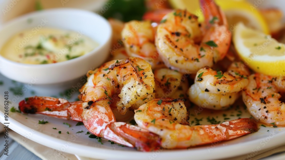 A plate of grilled shrimp, served with a side of garlic butter and lemon wedges. A plate of grilled shrimp, served with a side of garlic butter and lemon wedges.