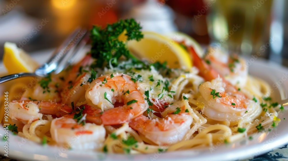 A plate of shrimp scampi, garnished with parsley and lemon, served over pasta. A plate of shrimp scampi, garnished with parsley and lemon, served over pasta.