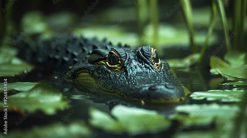 Young alligator resting in a swamp with eyes open Young alligator resting in a swamp with eyes open