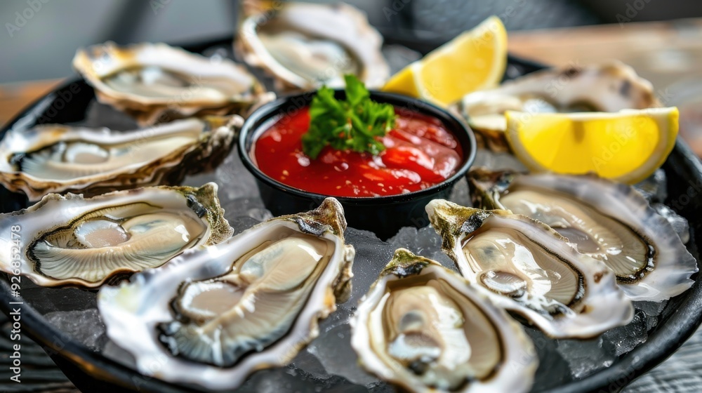 A platter of oysters on ice, served with lemon wedges and cocktail sauce. A platter of oysters on ice, served with lemon wedges and cocktail sauce.