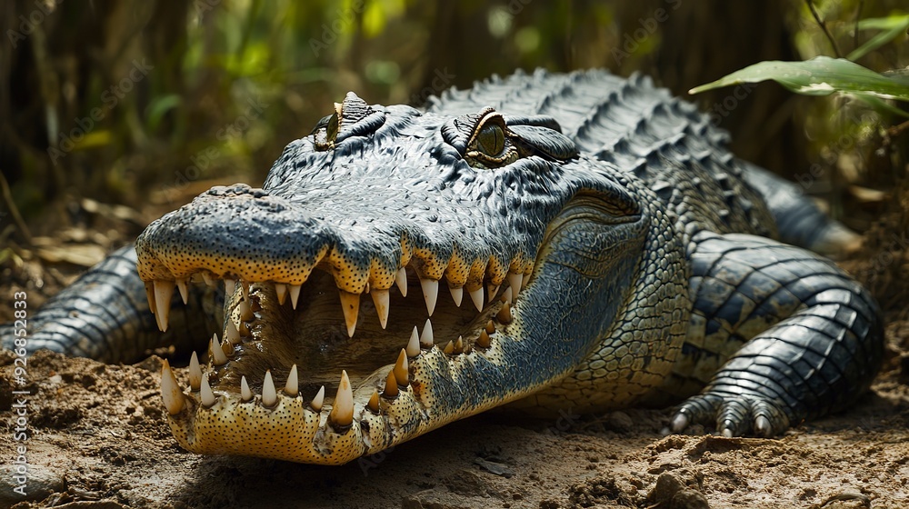 Obraz premium Large aggressive crocodile is resting with its mouth open showing large sharp teeth