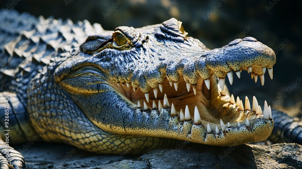 Fototapeta premium Large aggressive crocodile is resting with its mouth open showing large sharp teeth