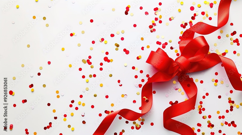 Red ribbon bow and confetti on white background. Red ribbon bow and confetti on white background.