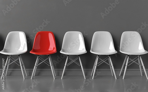 Red Chair Standing Out Among White Chairs Against Gray Background