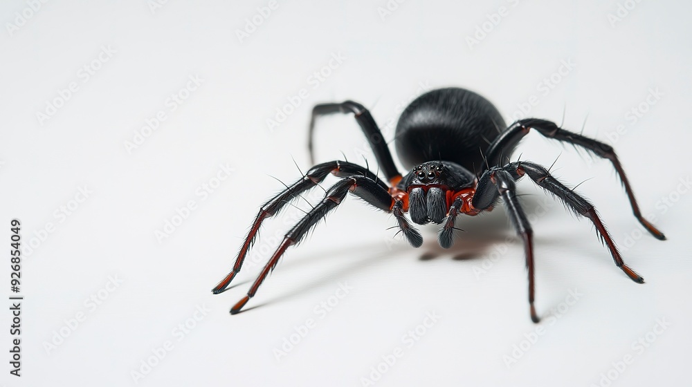 Close-up of a black widow spider on a white background, perfect for editorial or scientific use Close-up of a black widow spider on a white background, perfect for editorial or scientific use