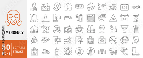 Emergency line icon set. Containing ambulance, lifebuoy, first aid, police, medical, hospital and SOS icons. Vector Illustration