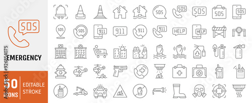 Emergency line icon set. Containing ambulance, lifebuoy, first aid, police, medical, hospital and SOS icons. Vector Illustration