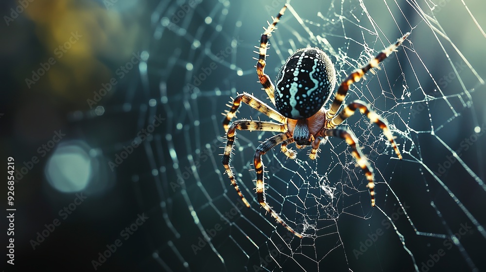 Macro shot of a spider weaving its web, the delicate strands and body details in sharp focus, with a dark, blurred background Macro shot of a spider weaving its web, the delicate strands and body details in sharp focus, with a dark, blurred background