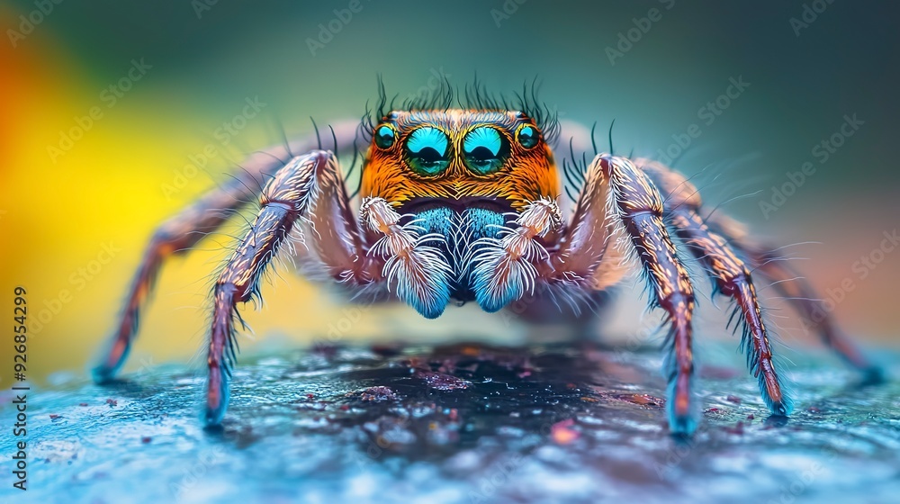 macro closeup of jumping spider with bright eyes and long legs crawling on surface in nature macro closeup of jumping spider with bright eyes and long legs crawling on surface in nature