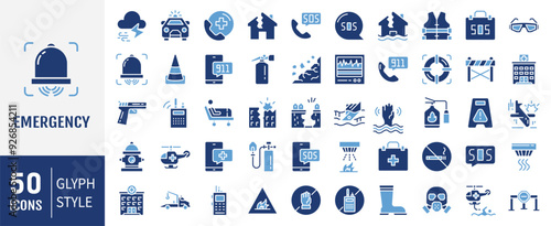 Emergency icon set. Containing ambulance, lifebuoy, first aid, police, medical, hospital and SOS icons. Solid icon collection.