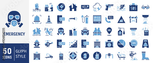 Emergency icon set. Containing ambulance, lifebuoy, first aid, police, medical, hospital and SOS icons. Solid icon collection.