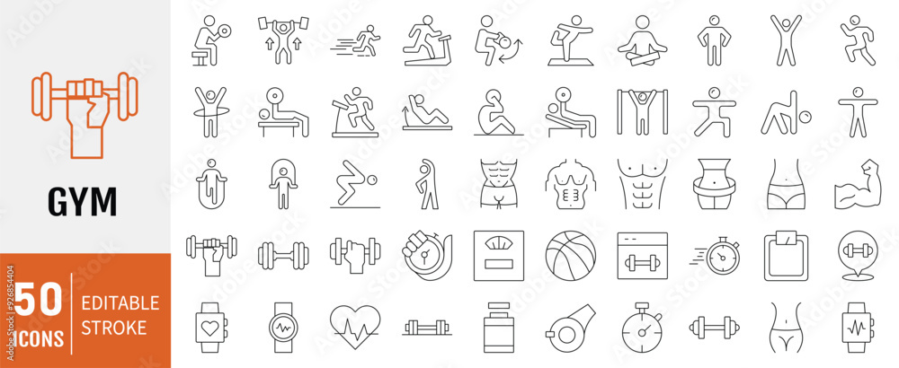 Obraz premium Gym and fitness line icon set. Containing healthy lifestyle, weight training, body care and workout icons.
