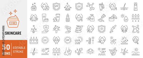Skin care line icons set. Moisture cream, acid, anti wrinkle serum, ceramide, collagen, retinol compound, sunscreen vector illustration. Editable Stroke