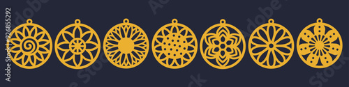 7 circle shape vector designs with flower for earrings, pendant or keychain. Cutout silhouette, jewelry cnc laser cut template for metal, wood or leather. Round floral hanging bijouterie