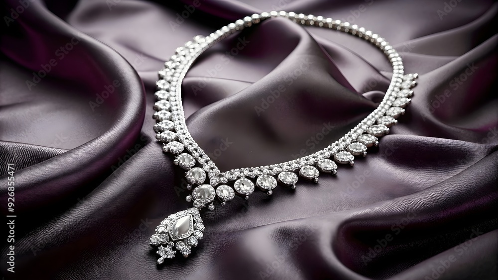 Fototapeta premium Luxury platinum necklace with diamonds on dark silk fabric, luxury, jewelry, platinum, necklace, diamonds, dark silk, fabric
