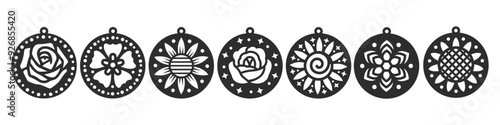 Set of round vector designs with flower for earrings, pendant or keychain. Cutout silhouette, jewelry cnc laser cut template for metal, wood or leather. Floral hanging bijouterie