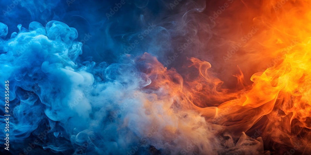 Fototapeta premium Blue and orange background with smoke and fire , smoke, fire, dramatic, abstract, vibrant, intense, atmosphere, burning