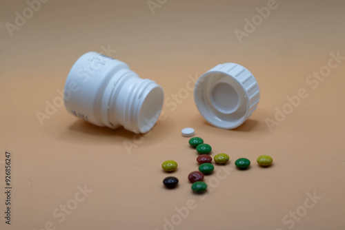 brightly colored and varied medicine pill bottle