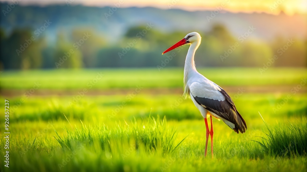 Fototapeta premium Majestic stork standing in a lush green field, stork, bird, wildlife, nature, beak, feathers, elegant