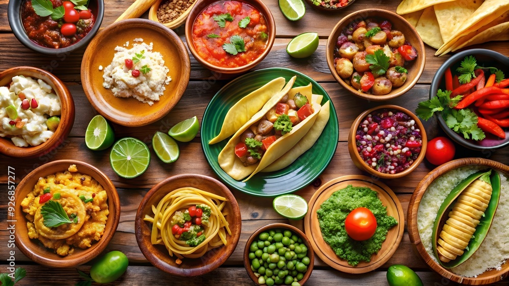 Bountiful Mexican feast with traditional dishes like tacos, tamales, guacamole, and pozole , Mexican, feast, traditional Bountiful Mexican feast with traditional dishes like tacos, tamales, guacamole, and pozole , Mexican, feast, traditional