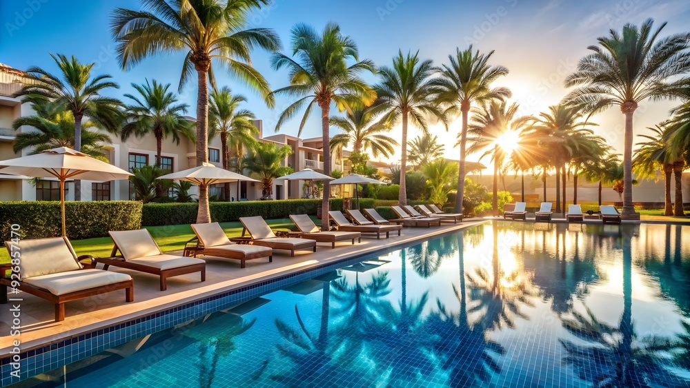 Luxurious hotel swimming pool surrounded by palm trees and sun loungers, vacation, travel, relaxation, resort Luxurious hotel swimming pool surrounded by palm trees and sun loungers, vacation, travel, relaxation, resort