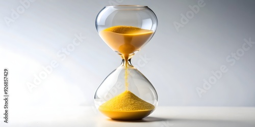 Minimalistic hourglass design with flowing yellow sand on a white background, minimalistic, hourglass, design, flowing